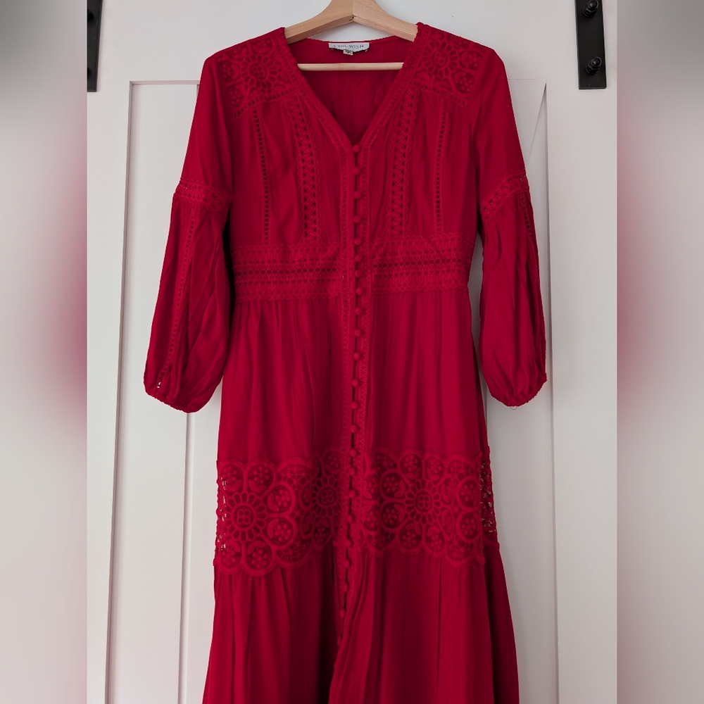 CHICWISH Button Down Crochet Embroidered Boho Maxi Dress in Red, size S